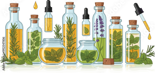 Herbal Essential Oil Bottles with Fresh Plants and Droppers Set, Natural Aromatherapy Extracts in Glass Containers Vector Illustration for Organic Wellness and Spa Design