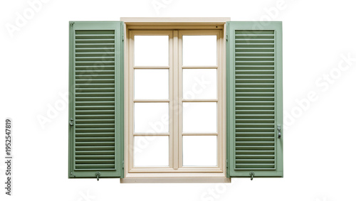 Isolated charming window with open green louvered shutters and natural wood frame.