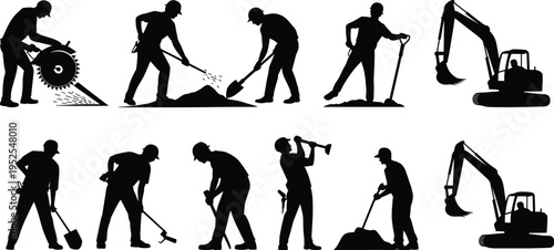 Construction worker silhouettes set with tools and excavators, manual laborers cutting, digging, hammering, drilling, industrial work activities vector illustration isolated
