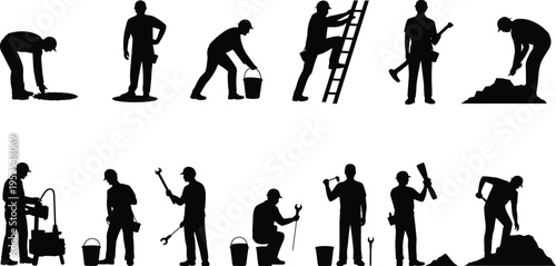 Construction worker silhouettes set with tools, builders climbing ladder digging carrying buckets and operating equipment, industrial labor workforce vector illustration isolated on white background