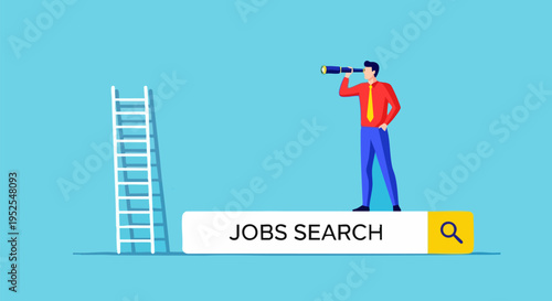 Professional man in red shirt and blue pants looking through a telescope, standing on a 'JOBS SEARCH' bar with a search icon, next to a white ladder