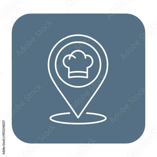 Minimalist restaurant location pinpoint icon featuring chef silhouette on a stylish dark blue square background for food delivery apps and culinary branding