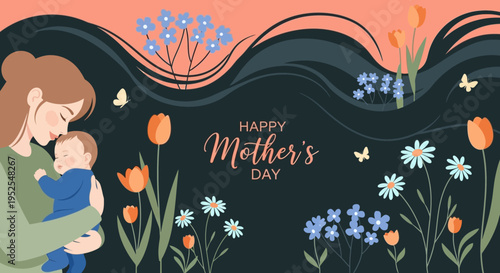 Happy Mother's Day Illustration with Mother Embracing Baby and Floral Elements