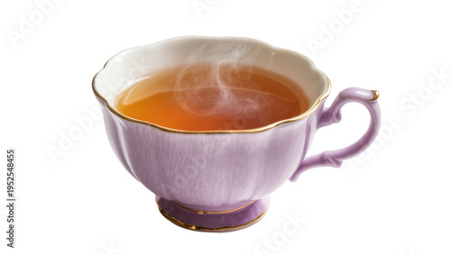 Photography Isolated elegant purple porcelain teacup with steaming hot tea and gold trim