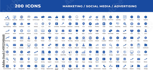 Huge set of 200 solid icons. Mega collection concept of marketing, social media, advertising and business strategy. Vector