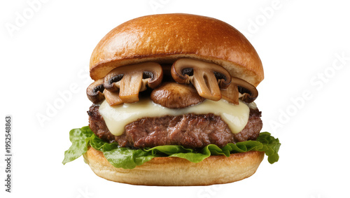 Isolated Mushroom Cheeseburger with delicious juicy grilled beef patty and melted cheese