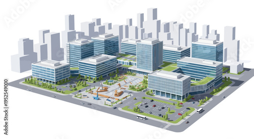 Modern Office Buildings Cityscape Aerial View with Green Spaces and Parking