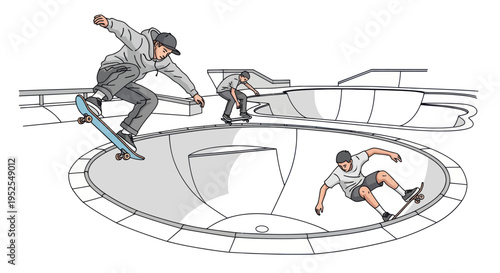 Skateboarders performing tricks in a modern skatepark, dynamic action illustration