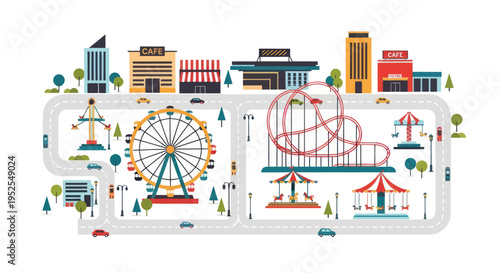 Amusement Park Landscape with Ferris Wheel and Roller Coaster, Flat Illustration