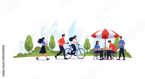 Urban Park Life: People cycling, jogging, and relaxing at outdoor cafe with city skyline