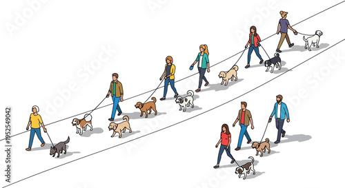 People Walking Dogs on Leashes in Diagonal Rows