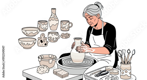 Elderly Woman Potter Crafting Ceramic Vase on Wheel, Surrounded by Handmade Pottery