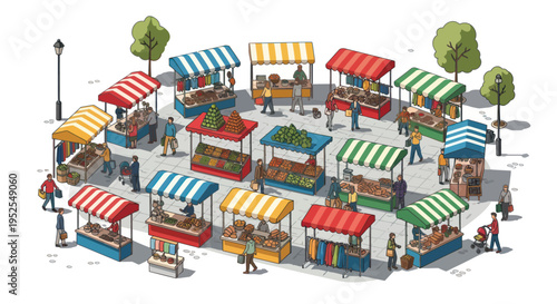 Vibrant Outdoor Market Scene with Colorful Stalls and Shoppers