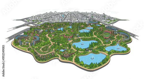 Vibrant city park with lakes, trees, and modern buildings, aerial view illustration