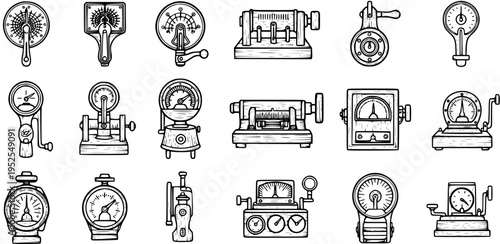 Vintage Scientific Instruments and Gauges - Black and White Line Art Vector Illustration