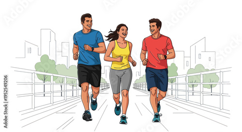 Diverse group of friends running together on a city bridge, fitness and healthy lifestyle