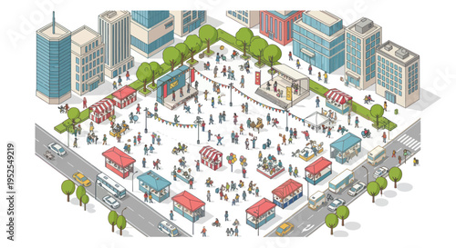 Isometric City Street Fair with People, Stalls, and Buildings - Pixel Art Style