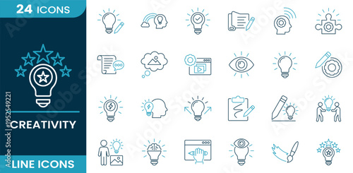Creativity icon set. Idea concept, innovation process, brainstorming activity, creative thinking, design workflow, inspiration symbol, problem solving, artistic tools and more. Line vector icons