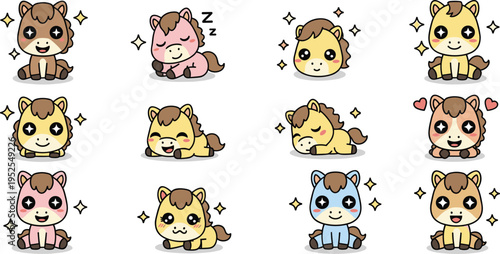 Cute puppy dog cartoon collection with different emotions kawaii pet characters adorable sitting sleeping happy vector illustration set