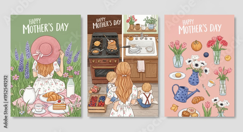 Happy Mother's Day Illustration Set: Picnic in Flower Field, Cooking with Children, and Floral Still Life