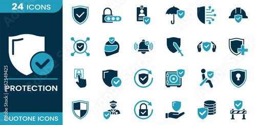 Protection icon set. Security shield, cyber protection, password lock, data safety, privacy control, safe system, insurance concept, user security access and more. Duotone vector icons collection.