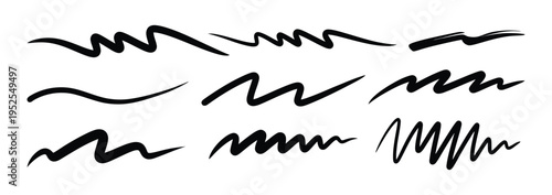 A collection of various black squiggly lines and scribbles on a white background for artistic and design purposes