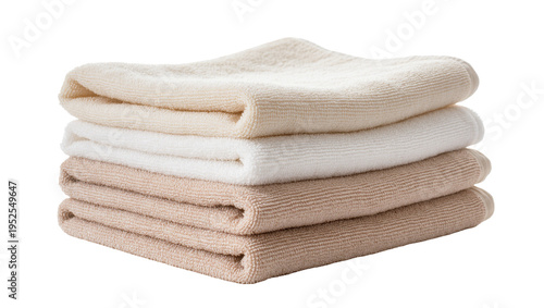 Isolated stack of plush folded clean bath towels in various natural beige and white shades.