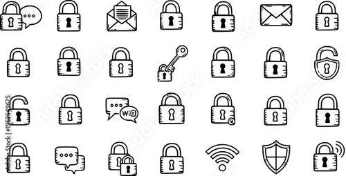 Hand-drawn Black and White Line Art Security and Technology Icons Set with Padlocks, Keys, Messages, and Wi-Fi Symbols for Digital Protection.