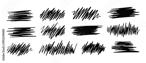 A collection of 12 unique black scribble patterns on a white background for design and artistic use