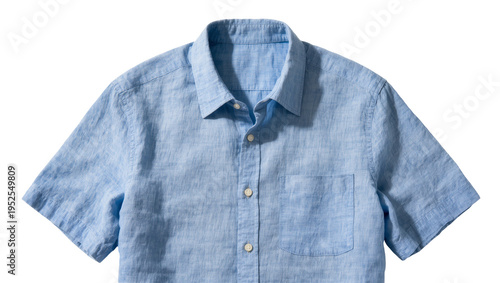 Konstfotografi Isolated light blue short sleeve linen shirt for men, casual summer apparel clot