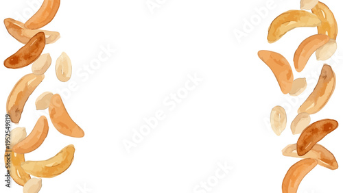 Watercolor-style crunchy Kaki no Tane, Japanese rice crackers, soy sauce flavor snack　水彩　柿の種　ピーナッツ