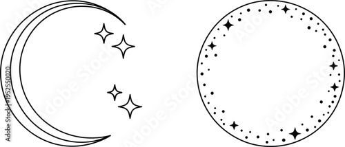Celestial moon and stars line art, minimalist mystical circle frame, mystical vector occult elements