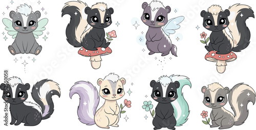 Cute skunk cartoon collection with pastel colors adorable forest animals characters floral elements nursery style vector illustration set