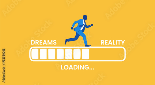 Businessman Running on Progress Bar from Dreams to Reality Loading Concept Vector Illustration for Business Goals and Success