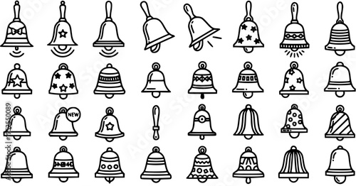 Christmas Celebration Bells Outline Icons Set. Decorative Holiday Jingle Bell Symbols in Black and White Line Art for Festive Design, Sound, and Alert.