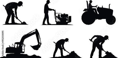 Construction worker silhouettes with machinery, digging and excavation tasks, industrial labor set, tractor and excavator operators, site work vector illustration collection