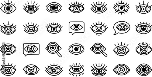 Vision and Security Eye Icons Set. Black and White Outline Line Art Symbols for Monitoring, Observation, Perception, and Information Concepts Collection.
