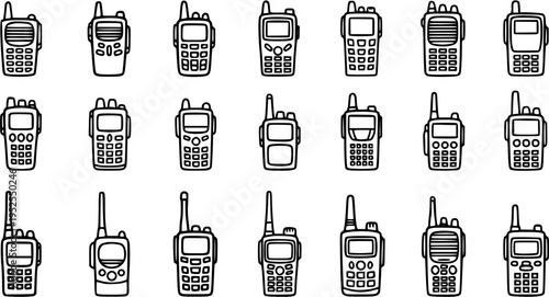 Line Art Walkie Talkie Icons Set. Black and White Hand-Drawn Two Way Radio Vector Collection for Communication, Security, Public Safety, and Outdoor Design.