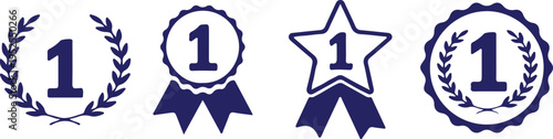 award ribbon badge medal number 1 bule icon set vector illustration 