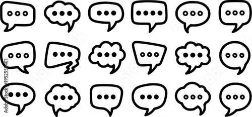 Black and White Line Art Speech Bubbles with Ellipsis, Communication Icons, Chat Icons, Message Icons, Thinking Icons