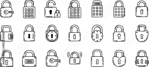 Black and White Security Locks Line Art Icons Set. Outline Padlocks, Combination, and Keyhole Symbols for Protection, Privacy, and Access Control Systems.