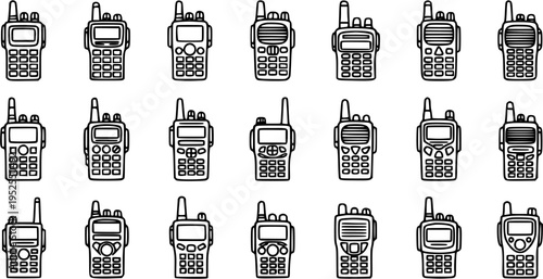 Line Art Walkie-Talkie Icons Collection. Two-Way Radio Communication Devices for Security, Emergency Services, Logistics, and Outdoor Activities.