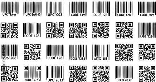 Comprehensive Technology Barcode and QR Code Vector Set. Black and White Line Art Glyphs for Retail, Logistics, and Data Identification Systems.