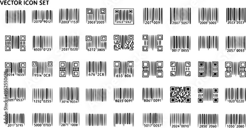 Vector Icon Set of Barcodes and QR Codes, Technology and Retail Symbols, Black and White Line Art