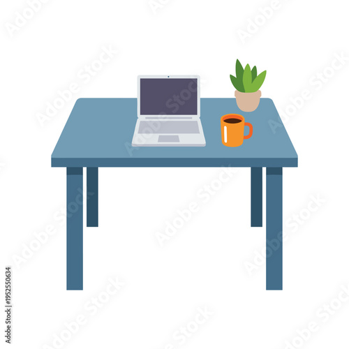 A laptop on a table with a plant and coffee mug
