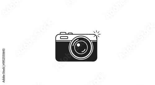 Minimalist Black and White Digital Camera Icon with Flash Isolated on White Background