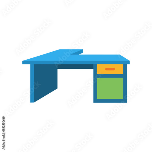 A blue desk with a drawer and a cabinet