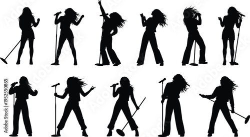 Silhouettes of female singers performing with microphone, dynamic stage poses, music performance concept, concert energy, minimal black illustration isolated background