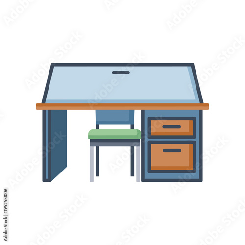A desk with a chair and two drawers