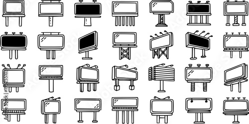 Black and White Line Art Icons of Various Billboards and Signboards